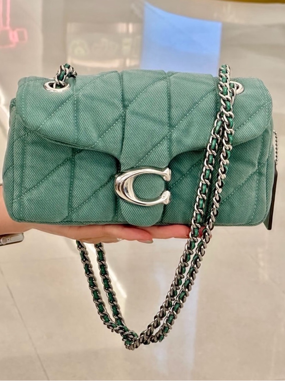 NWT Coach Tabby Colorful Denim Shoulder Bag 20 With Quilting Crossbody-IVY GREEN - Picture 2 of 13